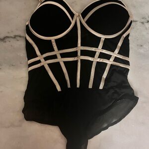 Black and Cream Strappy Bustier One-Piece Bodysuit